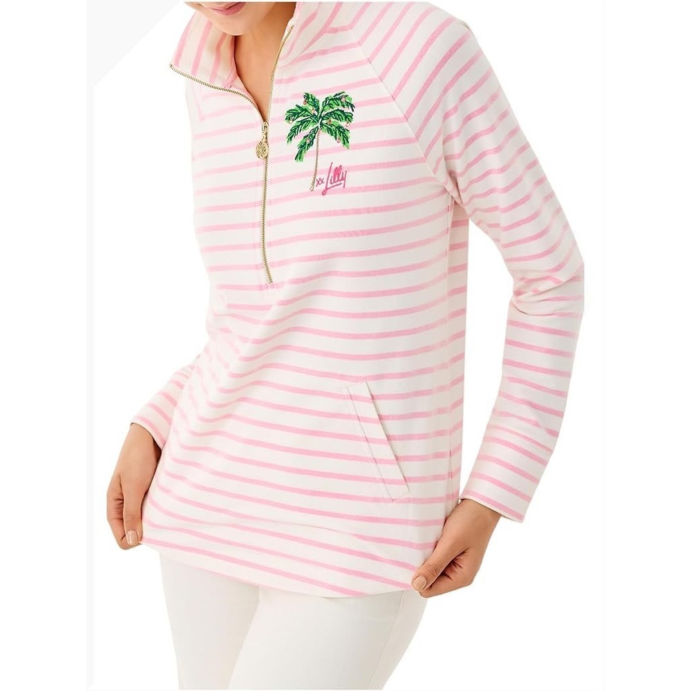 Lilly Pulitzer Etta Pullover Womens XL Pink White Striped Palm Tree Quarter Zip